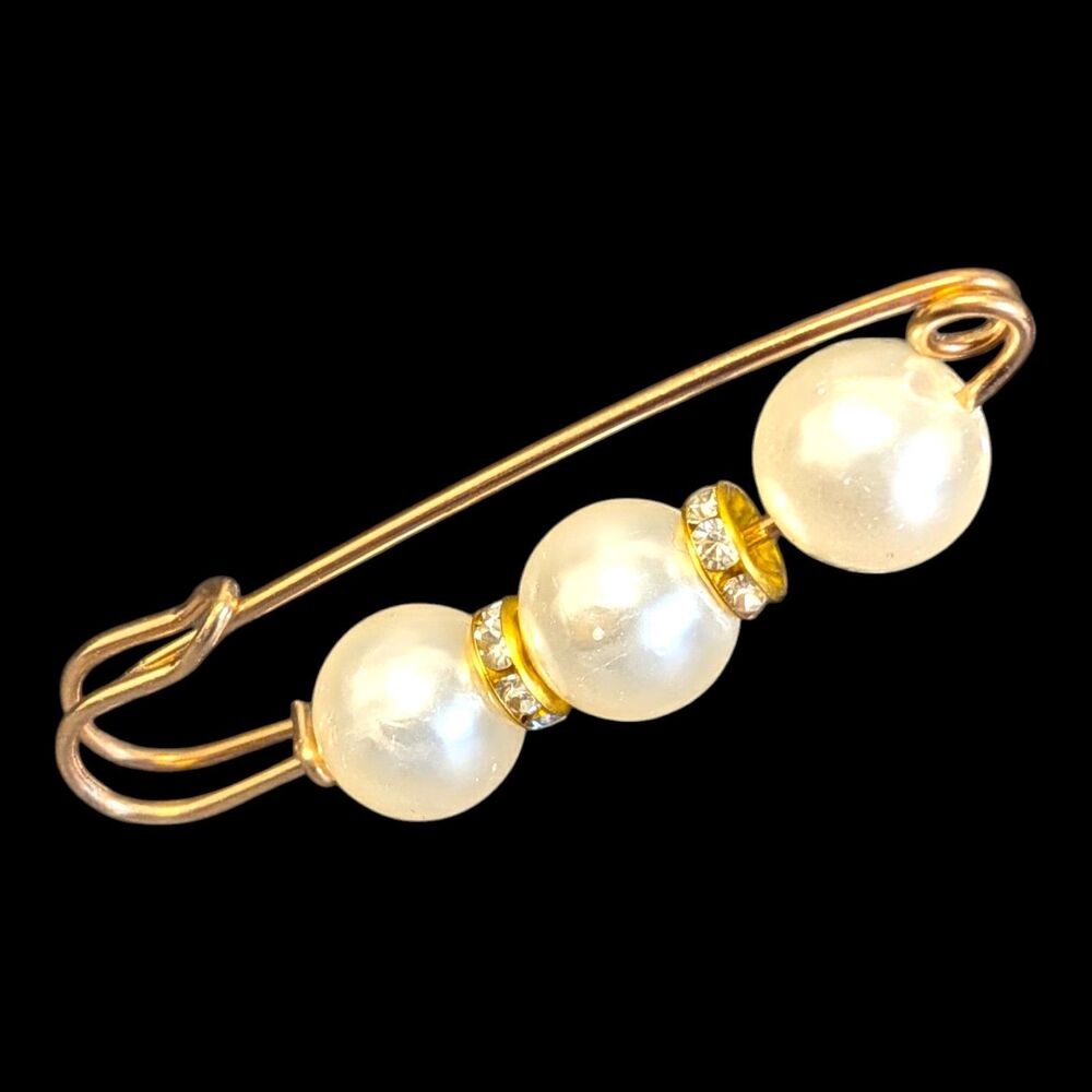 Large Faux Pearl Bead Charm Polished Gold Tone Safety Pin Design Brooch Pin
